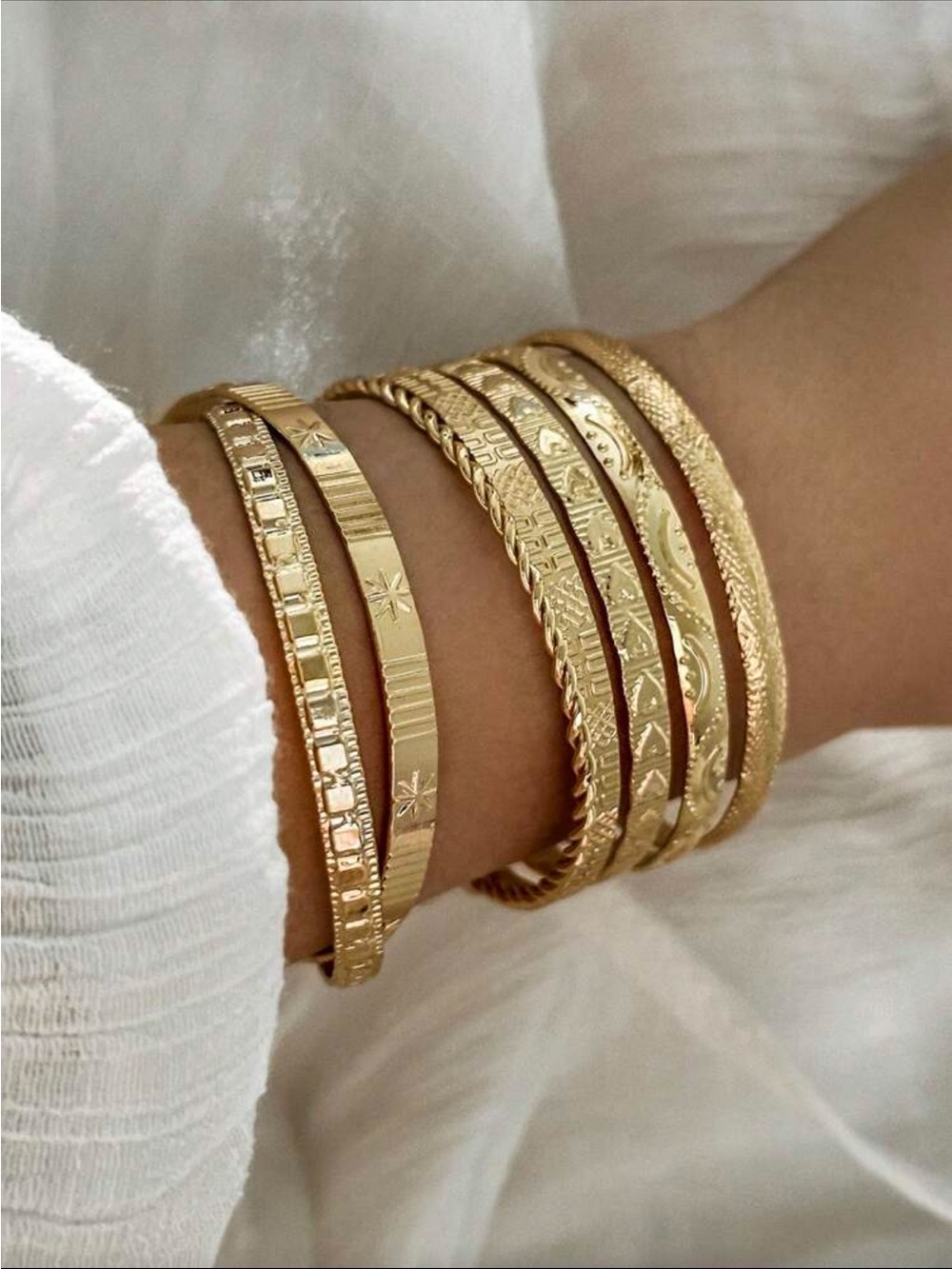 Yellow Gold Stacked Bangle Bracelet Set - Women Jewelry